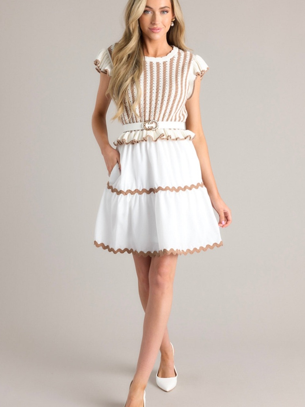 Entro Whiite and Tan Striped Dress NWT Size Large